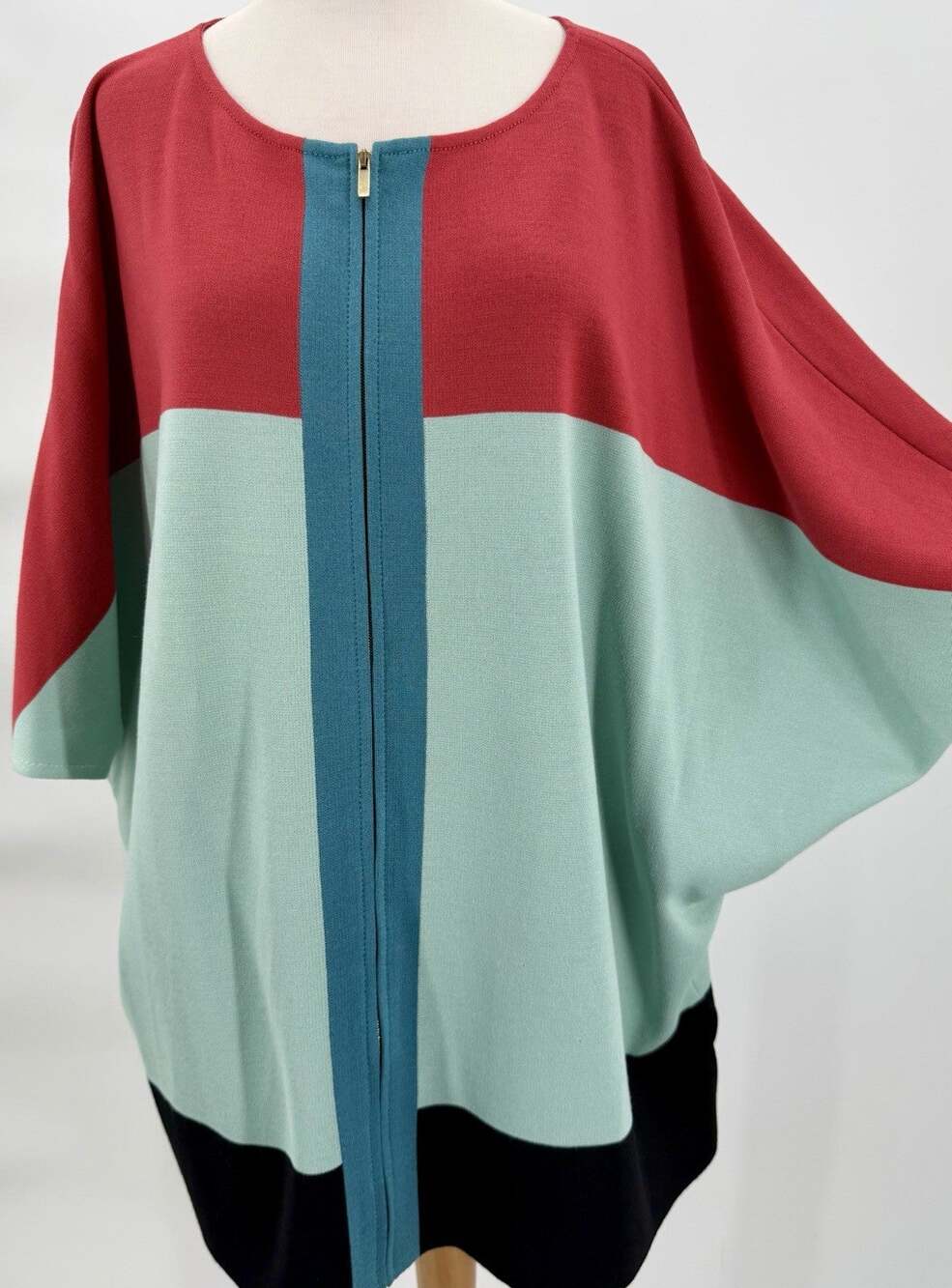 St. John Knit Multicolored Colorblock ZIP-front Knit Dolman Jacket Teal Coral XL